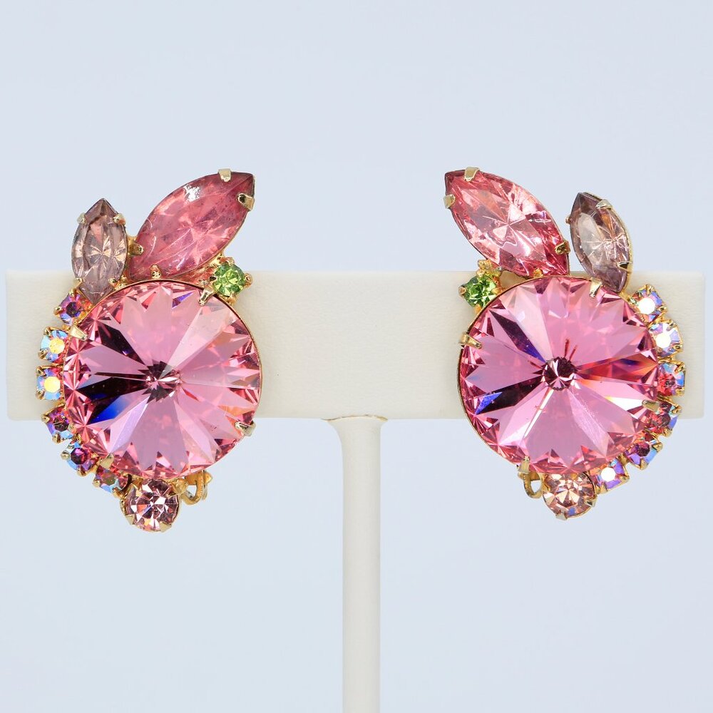 Vintage Verified D&E Juliana Pink Rivoli Clip-on Earrings Book Piece 1960s